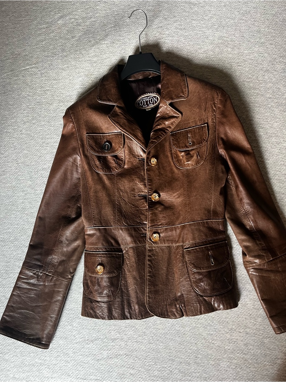 Brown Leather Jacket - women's Classic Button Front